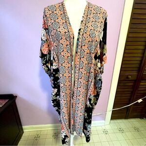 Angie Boho Floral Printed Kimono Longline Open Front Cardigan Rayon Medium